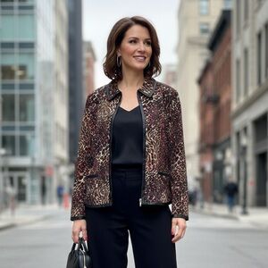 Y2K NYGARD Collection Leopard Print Jacket Red Animal Print & Vegan Trim Size 16